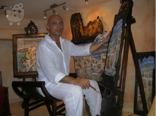 PoulaTo: Painting in old wood by Aris Kizir Santorini Greece